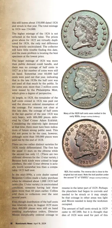  ?? ?? Many of the 1829 half cents were melted in the early 1830s. (Images courtesy Goldberg.) 1831, first restrike. The reverse die is close to the original but not exact. Note the leaf position under the second “S” of “STATES.” (Images courtesy Goldberg.)