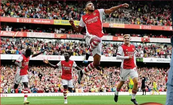  ?? GETTY IMAGES ?? Leap of faith: Aubameyang celebrates his goal