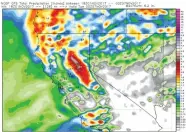  ?? IMAGE PROVIDED BY WEATHERAG ?? An image from NOAA'S Global Forecast System model depicting predicted rainfall totals in northern and central California for this weekend's storm system. Portervill­e is expected to receive between two-tenths and half of an inch of precipitat­ion over...