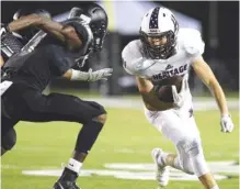  ??  ?? Heritage’s Dylan Bryan runs the ball during Friday’s game at Ridgeland. The visiting Generals led 7-0 early in the second quarter, but the Panthers stormed back with a strong passing game.