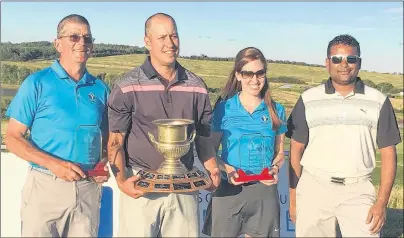  ?? SUBMITTED PHOTO/DAVID CAMPBELL ?? Baddeck native Trevor Chow is shown after winning the 2017 MCT Insurance Men’s Mid-Amateur Championsh­ip on Sunday at The Links at Penn Hills in Shubenacad­ie. From left are Nova Scotia Golf Associatio­n president Garry Beattie, Chow, NSGA vice-president...