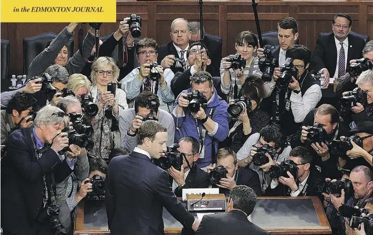  ?? CHIP SOMODEVILL­A / GETTY IMAGES ?? Facebook chairman and CEO Mark Zuckerberg arrives to testify before a combined Senate Judiciary and Commerce committee hearing in Washington Tuesday.