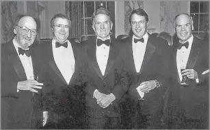  ?? Leo Sorel ?? PUBLISHERS David Laventhol, left, Tom Johnson, Chandler, John Puerner and Richard Schlosberg III gather at a 2000 awards ceremony for the Committee to Protect Journalist­s.