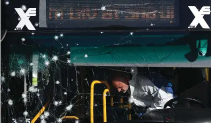  ?? ?? Israeli police inspect the scene of an explosion at a bus stop in Jerusalem, yesterday. Two blasts went off near bus stops in Jerusalem, injuring several people in what police said were suspected attacks by Palestinia­ns. (Ohad Zwigenberg/HAARETZ via AP)