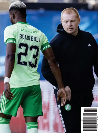  ??  ?? Boli Bolingoli enters the field against Kilmarnock after having travelled to Spain in breach of protocol