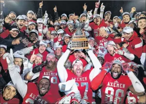  ?? THE CANADIAN PRESS/TED PRITCHARD ?? The Acadia Axemen football team celebrates their victory over the Saint Mary’s Huskies in the Loney Bowl at Acadia University in Wolfville on Tuesday. Acadia won the game 45-38 in overtime.