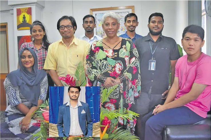  ??  ?? From left Nikhat Ali (sitting), Shazia Ahmad, Dr. Ricardo Corpuz, Pavitra Chand, Acting Vice-Chancellor, Professor Shaista Shameem, Avineet Singh, Aniketh Chand, and Tony Chan (sitting). Insert- Navisheel Prasadon.