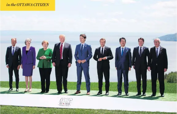  ?? GEOFF ROBINS / AFP / GETTY IMAGES ?? From left, Donald Tusk of the European Council, Theresa May of Great Britain, Angela Merkel of Germany, Donald Trump, Justin Trudeau, Emmanuel Macron of France, Shinzo Abe of Japan, Giuseppe Conte of Italy and Jean-Claude Juncker of the European...