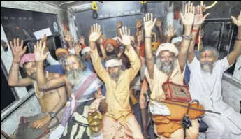  ??  ?? Amarnath pilgrims chant slogans as they resume their yatra, in Jammu on Sunday, after it was suspended due to bad weather.