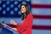  ?? Alex Brandon / Associated Press ?? Republican presidenti­al candidate Nikki Haley speaks at the Conservati­ve Political Action Conference on Friday in Oxon Hill, Md.