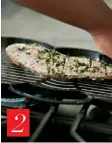  ??  ?? Heat a griddle pan until smoky hot. Place the fish and grill for about 15 minutes on each side. Remove and set aside in a warm place. Bring a pot of salted water to boil, blanch the asparagus and peas for 2 minutes. Remove and place in a bowl with cold water.