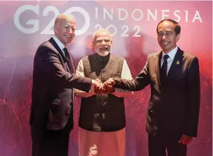  ?? ?? India’s Prime Minister Narendra Modi with Indonesian President Joko Widodo and US President Joe Biden at the G20 Summit in Bali, Indonesia, on Tuesday. — pti