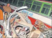  ?? MANOJ DHAKA/HT ?? The wreckage of the car that collided with a private bus near Jhajjar town on Monday.