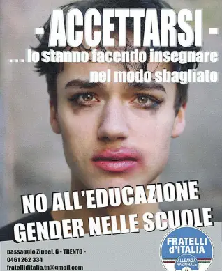  ??  ?? Diffuso Il volantino realizzato con la foto di Rose Morelli da Fratelli d’Italia del Trentino e stampato in 6.000 copie distribuit­e davanti alle scuole. Sono stati stampati anche 300 manifesti