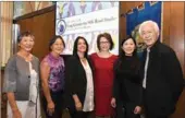  ?? PEG SKORPINSKI / UC BERKELEY ?? The P.Y. and Kinmay W. Tang Center for Silk Road Studies opened on April 29 at UC Berkeley. From left: Nadine Tang, Leslie Schilling, Sanjyot Mehendale, the center’s chair; Corinne Debaine-Francfort of the National Center for Scientific Research in...