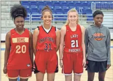  ?? Jonathan Blaylock ?? Rome High’s Trenishia Adams (from left), Chattooga’s Makiya Parrish, Sonoravill­e’s Abby Chambers and LaFayette’s Mykeria Johnson are the top four players at Saturday’s 3-point contest at Armuchee High School.