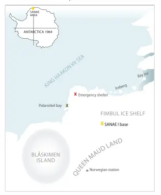  ??  ?? THE BOTTOM OF THE WORLD. The small map in the top left corner depicts Antarctica in 1964. The SANAE I base was in an area called Queen Maud Land. The main map shows the bays of the Fimbul Ice Shelf where the polar ship RSA would dock to off-load the...