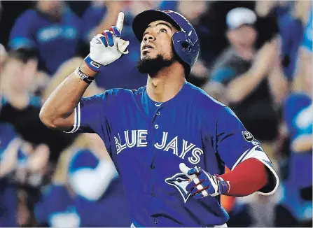  ?? NATHAN DENETTE
THE CANADIAN PRESS ?? Blue Jays left-fielder Teoscar Hernandez celebrates his solo home run against the Texas Rangers in the third-inning in Toronto on Sunday afternoon.