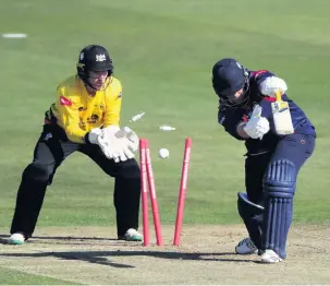  ??  ?? Richard Levi is bowled by Gloucester­shire’s Graeme van Buuren in the quarter-final