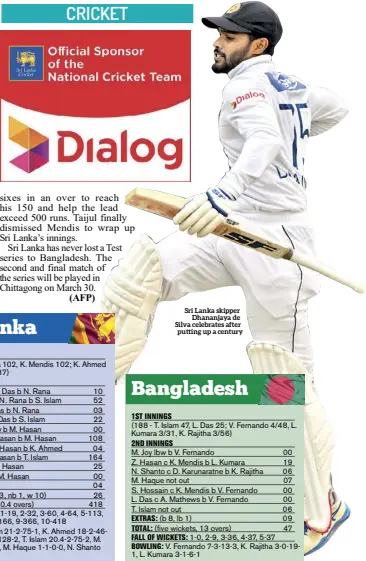  ?? ?? Sri Lanka skipper Dhananjaya de Silva celebrates after putting up a century