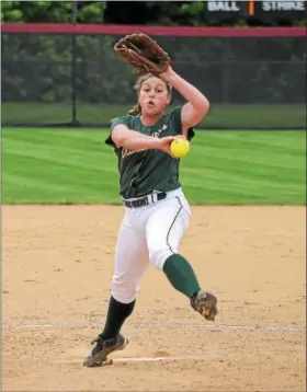  ?? GENE WALSH — DIGITAL FIRST MEDIA ?? Lansdale Catholic’s Mary Picozzi on the mound during LC’s PCL semifinal against St. Hubert at Arcadia University Tuesday.