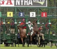  ??  ?? Lady Eli (3), with Irad Ortiz up, and stablemate Antonoe (2), with jockey Javier Castellano, break through the gate before the start of the Grade 1 Diana Handicap Saturday at Saratoga Race Course. Both horses re-loaded and finished the race.