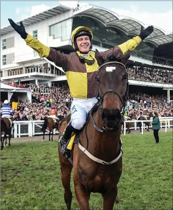  ??  ?? Paul Townend on Burning Victory after his win in the JCB Triumph Hurdle at the Cheltenham Festival.