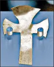  ?? JAMES BROOKS/AP ?? A gold foil cross, above, and belt buckle, left, found in a 1,400-year-old tomb in the English village of Prittlewel­l in 2003 hint at high status of the person buried there.