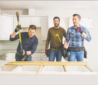  ?? HGTV ?? Michael Buble, left, teams up with Drew Scott and Jonathan Scott on a recent episode of Celebrity IOU.