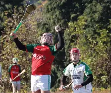  ??  ?? Lee Cushe of Naomh Eanna catches as Michael Butler looks on.