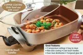  ?? ?? Cool-to-touch handles COPPER COATING Slide food out with ease! Large 9 Litre capacity!