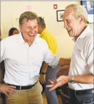  ?? Tyler Sizemore / Hearst Connecticu­t Media ?? Steve Obsitnik, left, talks with Kevin O’Connor at Caren’s Cos Cobber during a campaign stop in Greenwich