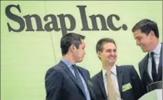  ?? AFP ?? (L to R) Snapchat cofounder Bobby Murphy, CEO Evan Spiegel and New York Stock Exchange president Thomas Farley, New York City, March 2