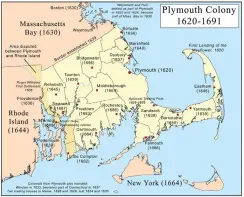  ??  ?? A map showing the original dispositio­n of the Plymouth and Rhode Island colonies shows that the Town of Rehoboth originally claimed most of the land east of the Blackstone River, including parts of present-day Woonsocket, Pawtucket, Cumberland and East...