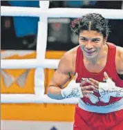  ?? HT ?? India's Nikhat Zareen after winning her 48kg-50kg semifinals at the 2023 Boxing World Championsh­ips.mes)