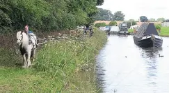  ?? ?? Historic flyboat Saturn being pulled by Flower with owner David Ray from Norbury Wharf.