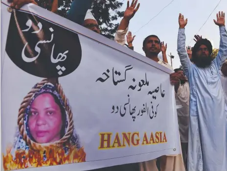  ?? Picture: AFP PHOTO ?? Pakistani protesters shout slogans against Asia Bibi, a Christian woman facing the death sentence for blasphemy.