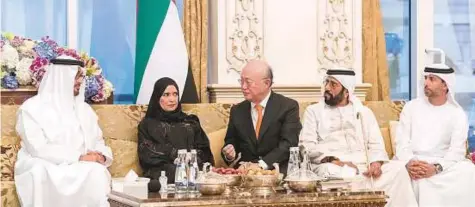  ?? WAM ?? ■ His Highness Shaikh Mohammad Bin Zayed Al Nahyan, Crown Prince of Abu Dhabi and Deputy Supreme Commander of the UAE Armed Forces, receives Yukiya Amano, Director-General, IAEA, in Abu Dhabi, along with Shaikh Tahnoun Bin Mohammad Al Nahyan, Ruler’s...