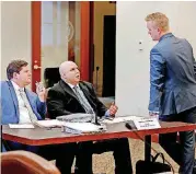  ?? [PHOTO BY STEVE SISNEY, THE OKLAHOMAN] ?? House Special Investigat­ion Committee Chairman Josh Cockroft, right, speaks Friday with Michael Romero, center, the chief finance officer with the state Department of Health, and Romero’s lawyer Peter L. Scimeca before Romero’s testimony.