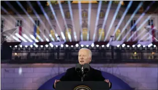  ?? EVAN VUCCI - THE ASSOCIATED PRESS ?? President Joe Biden delivers a speech marking the one-year anniversar­y of the Russian invasion of Ukraine on Tuesday at the Royal Castle Gardens in Warsaw.