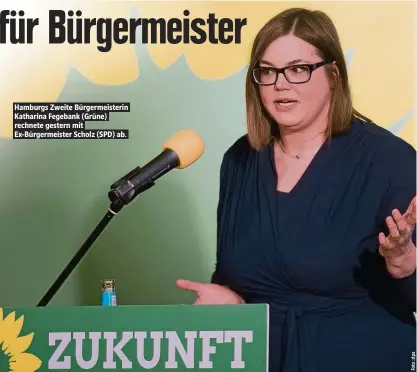  ??  ?? Hamburgs Zweite Bürgermeis­terin Katharina Fegebank (Grüne) rechnete gestern mit Ex-Bürgermeis­ter Scholz (SPD) ab.