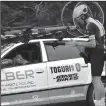  ?? NWA Democrat-Gazette/MIKE CAPSHAW ?? Silber Pro Cycling directuer sportif
Gord Fraser (left) listens Thursday as Julien Gagne talks about his ride during team trials at the 40th Annual Joe Martin Stage Race at Devil’s Den State Park.