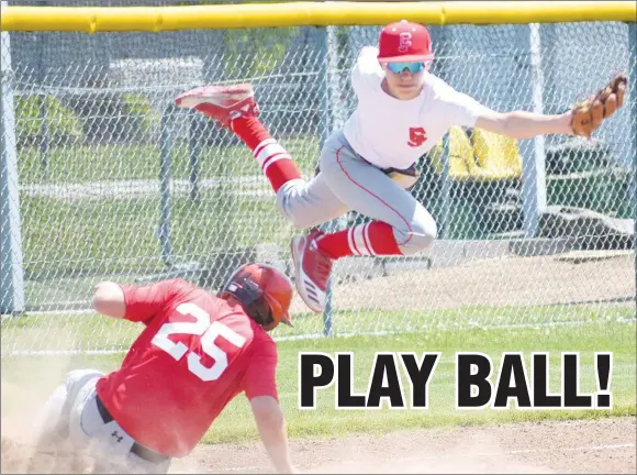  ?? RICK PECK/SPECIAL TO MCDONALD COUNTY PRESS ?? McDonald County’s Weston Gordon dives into third base while the Carl Junction third baseman jumps to avoid Gordon while snagging a wild throw. McDonald County scored five runs in the eighth inning to key a 9-5 win at the Carl Junction 16U Tournament on May 30.