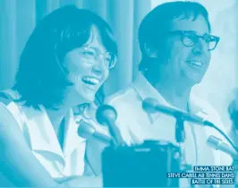  ??  ?? emma stone bat steve carell au tennis dans battle of the sexes.