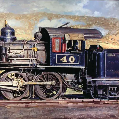  ??  ?? 1. Blue Rain Gallery, Steam Engine Train, oil on canvas panel, 48 x 96", by Santiago Michalek.