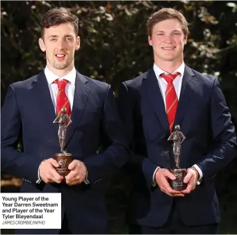  ?? JAMES CROMBIE/INPHO ?? Young Player of the Year Darren Sweetnam and Player of the Year Tyler Bleyendaal