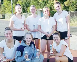 ??  ?? Left: The Not Fast, Just Furious team to take out the 17 and under grand final included Claire Martyn, Jenna Wright, Milly Alger, Ivy Cant, Abbey Commadeur and Grace Radford.
Below: Aztecs White won the open B grand final. Pictured from left Grace...
