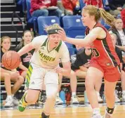  ?? Dave Phillips/For Hearst Connecticu­t Media ?? Gianna Donnarummo of Hamden dribbles past Nina Nardechhia of SHA at the 2023 SCC girls basketball championsh­ip at Quinnipiac on Wednesday.