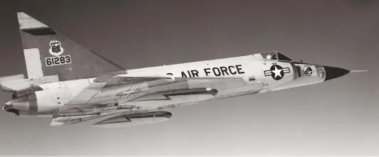  ??  ?? Successor to the airdefense role of the F-89s, F-86Ds, and the F-94s, the supersonic F-102A “Deuce” incorporat­ed the Hughes MC-3 fire-control radar system and up to six multiguide­d AIM-4 Falcon missiles in three separate center-fuselage weapons bays, with initial service beginning in 1956. (Photo courtesy of Stan Piet)
