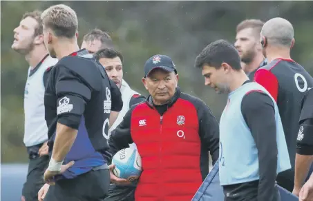  ??  ?? England coach Eddie Jones takes centre stage in training ahead of Sunday’s Six Nations opener against Italy in Rome.